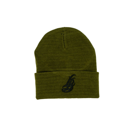 Cursive LB Black on Olive Beanie