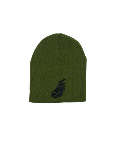 Cursive LB Black on Olive Short Beanie