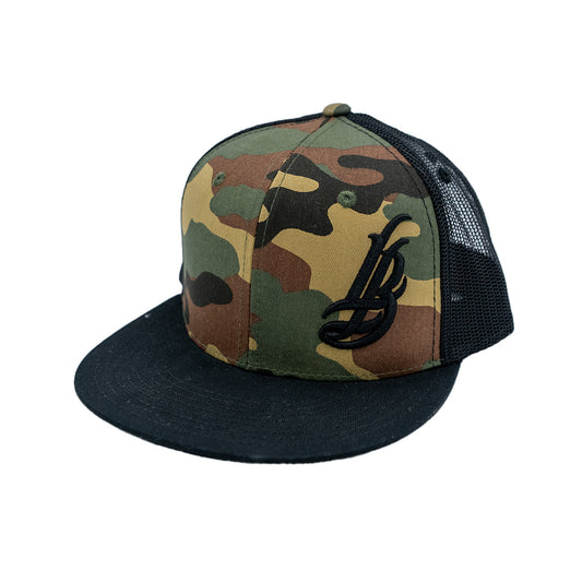 Cursive LB Camo/Black Trucker Hat