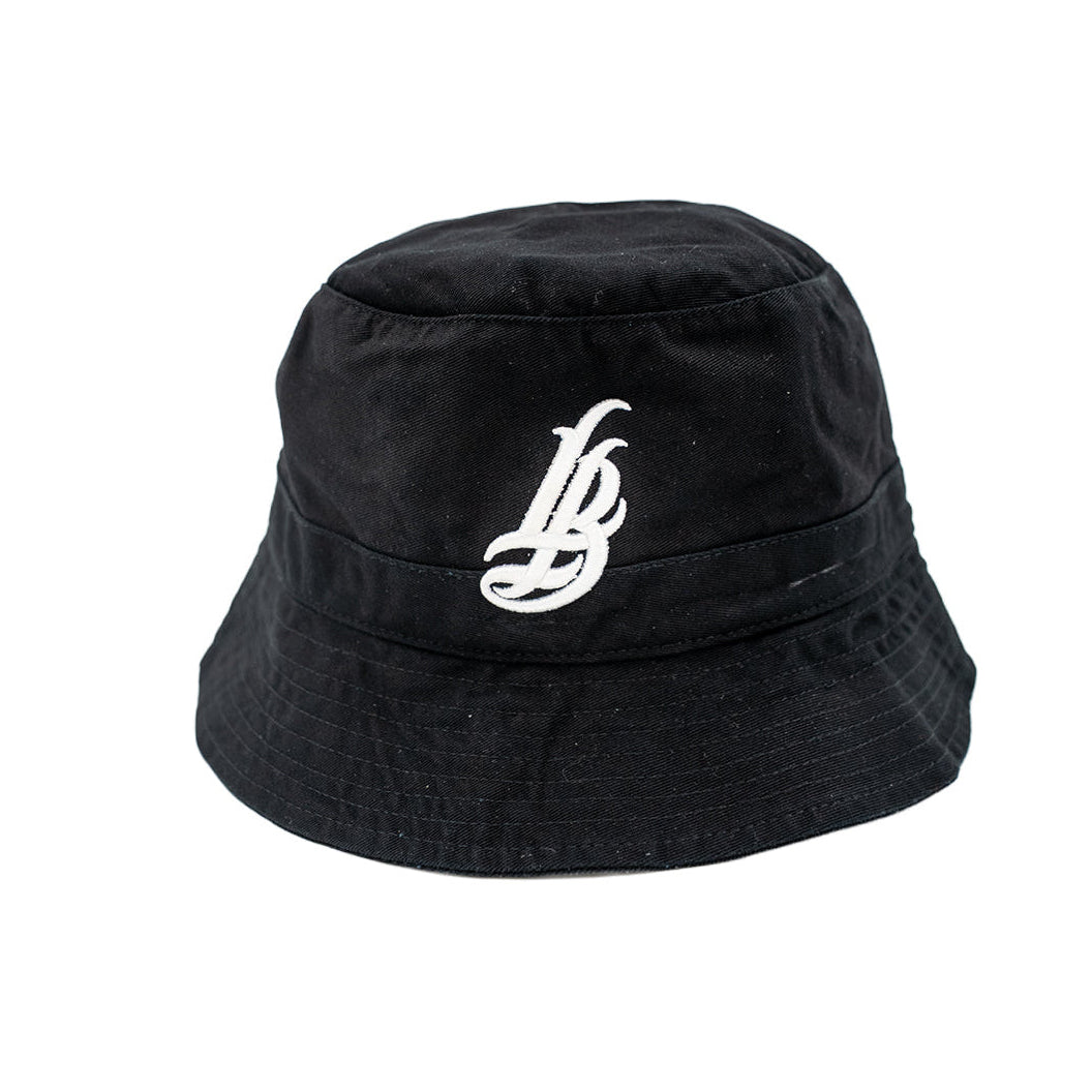 Cursive LB White On Black Bucket Hat
