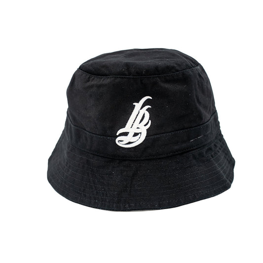 Cursive LB White On Black Bucket Hat
