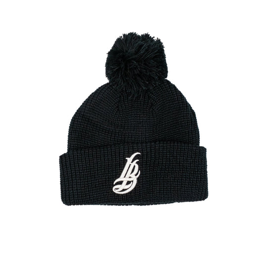 Cursive LB White On Black Pom Beanie