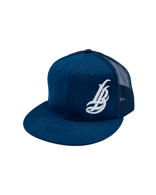 Cursive LB White On Navy Trucker Hat