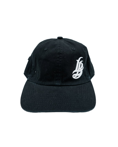 Cursive LB White On Black Unstructured Dad Hat