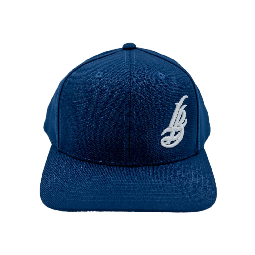 Cursive LB White On Navy Baseball Hat