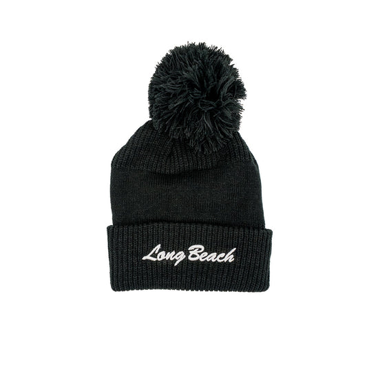 Cursive Long Beach Black Giant Pom Beanie