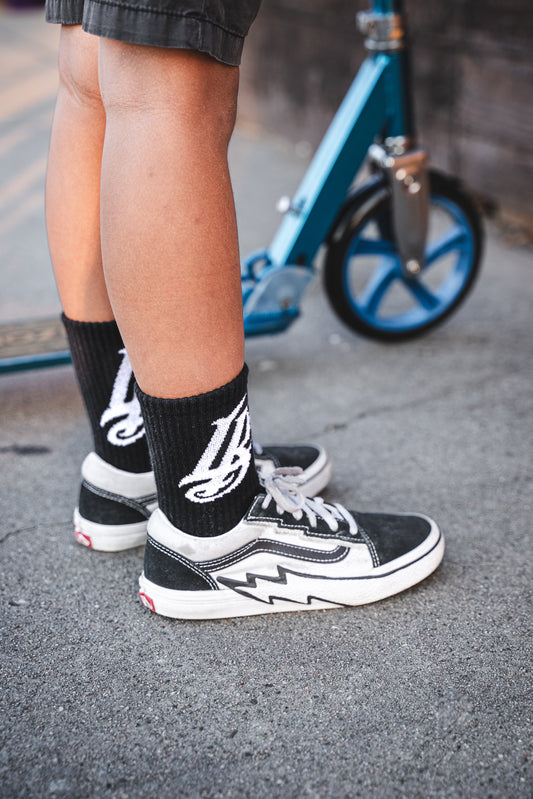 Kids Cursive LB Black Long Beach Socks