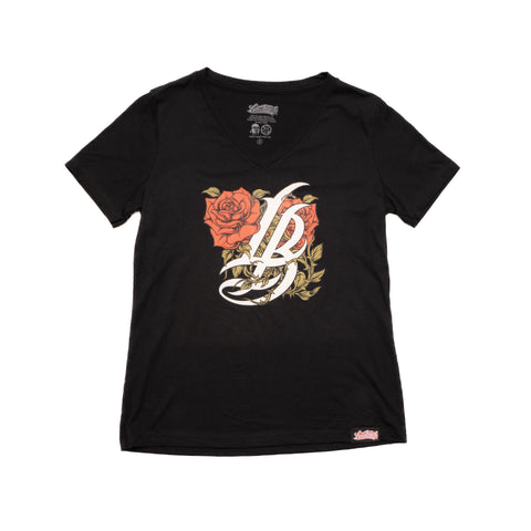 Cursive LB with Roses Women's Black V-Neck T-Shirt