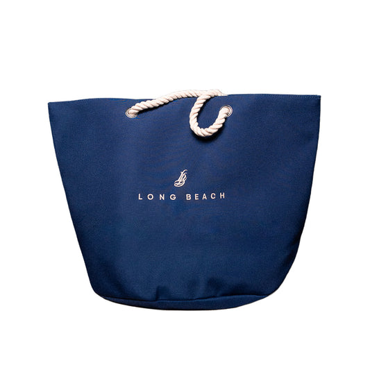 Embroidered Long Beach Navy Rope Tote Bag