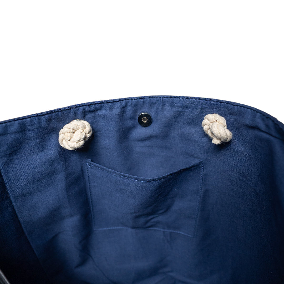Embroidered Long Beach Navy Rope Tote Bag