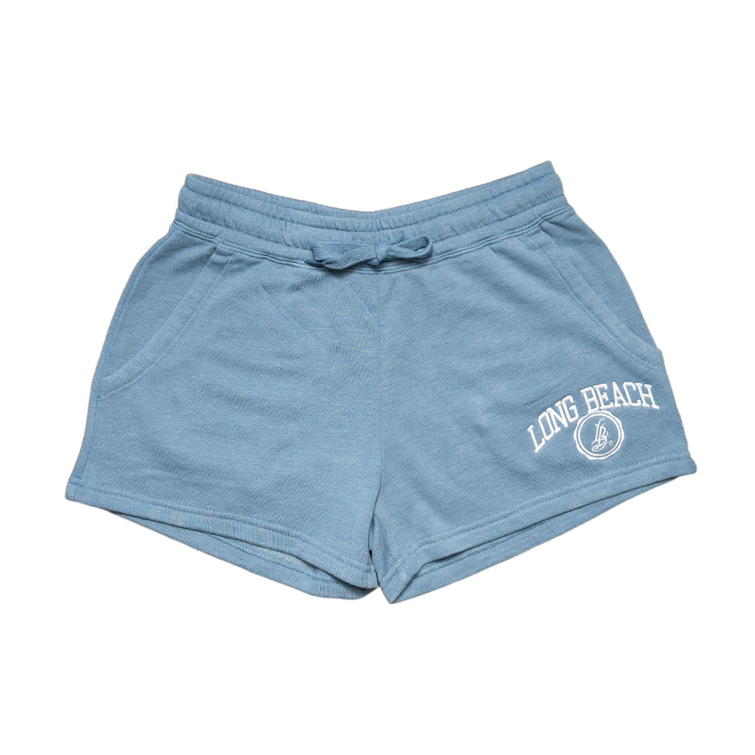Embroidered Women's Long Beach Misty Blue Fleece Shorts