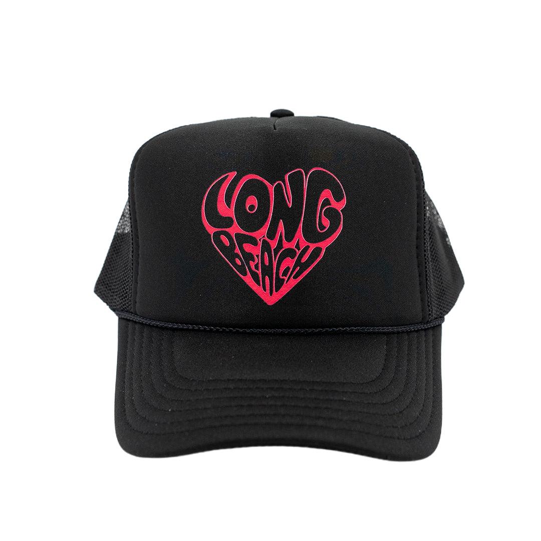 Heart Long Beach Black Foam Trucker Hat (Curved Brim)