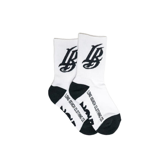 Kids Cursive LB White Long Beach Socks