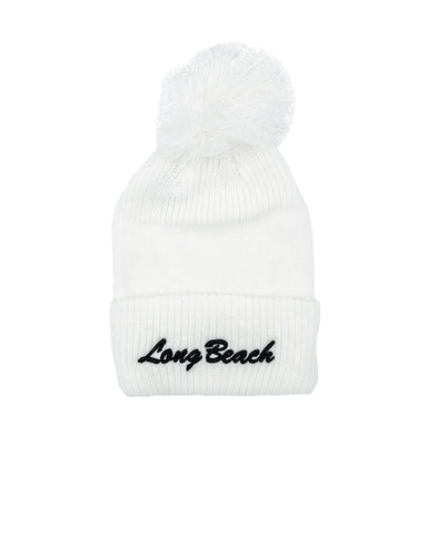 Long Beach White Giant Pom Beanie