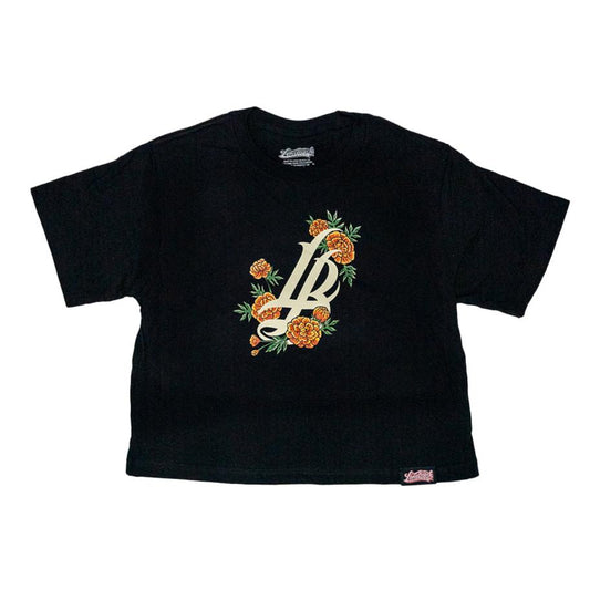 Marigold Cursive LB Women's Black Crop Top T-Shirt