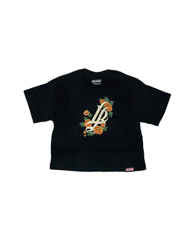 Marigold Cursive LB Women's Black Crop Top T-Shirt