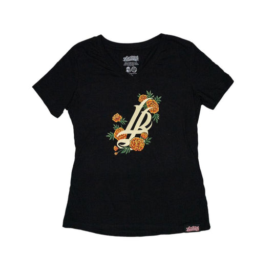 Marigold Cursive LB Women's Black V-Neck T-Shirt