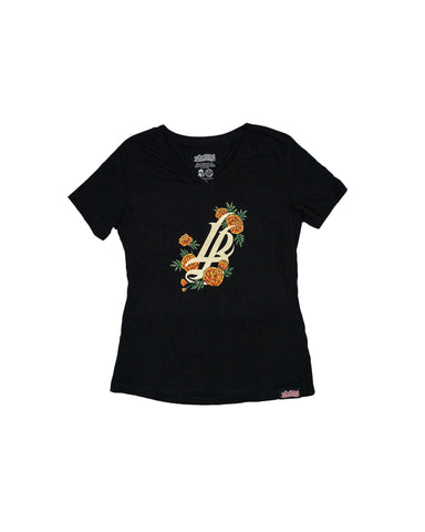 Marigold Cursive LB Women's Black V-Neck T-Shirt