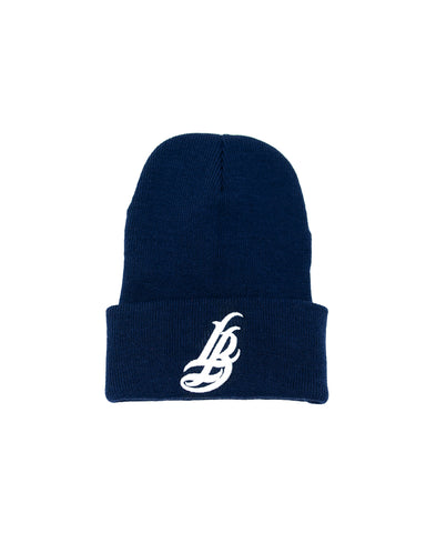 Cursive LB Navy Long Beanie