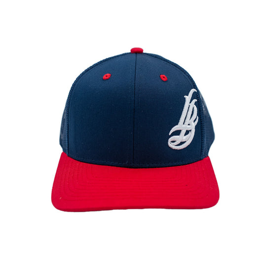 Cursive LB Navy & Red Trucker Baseball Hat
