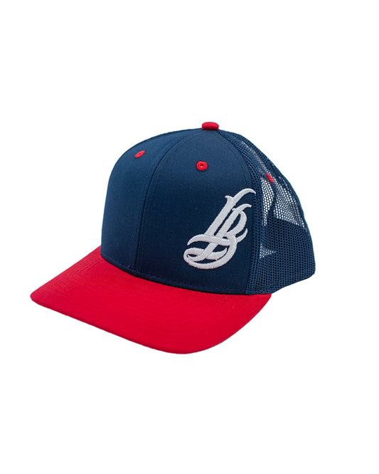 Cursive LB Navy & Red Trucker Baseball Hat