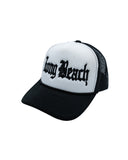 Old English Black & White Foam Front Trucker Hat (Curved Brim)