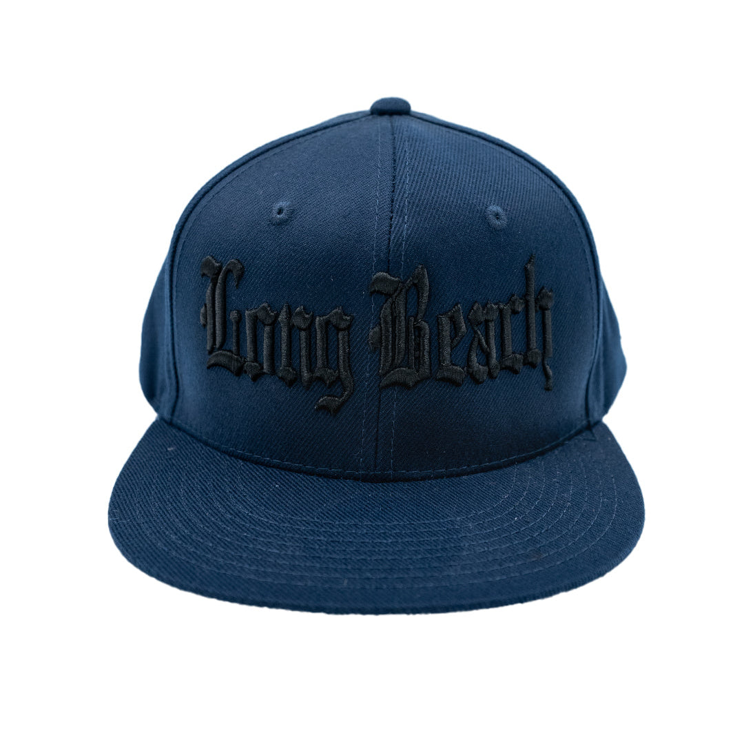 Old English Long Beach Black on Navy Snapback