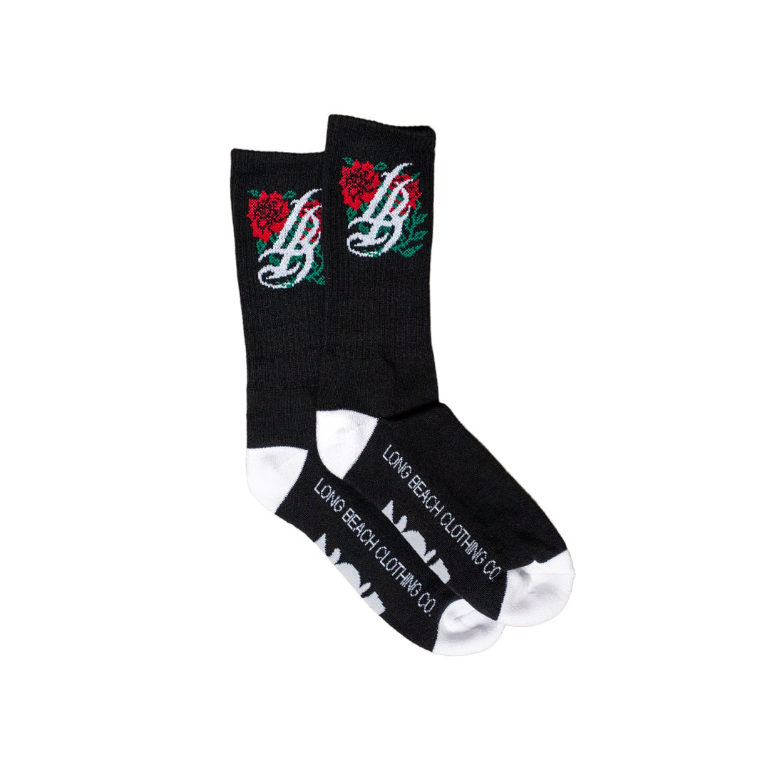 Roses Cursive LB Black Long Beach Socks