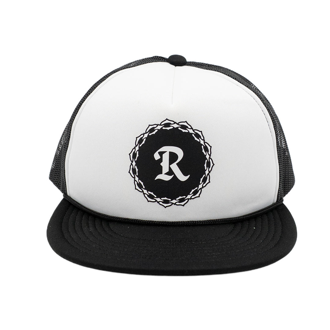 R Patch Black & White Foam Trucker Hat- Long Beach Coast
