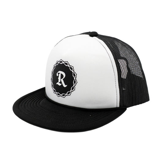 R Patch Black & White Foam Trucker Hat- Long Beach Coast