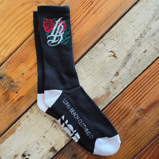 Roses Cursive LB Black Long Beach Socks