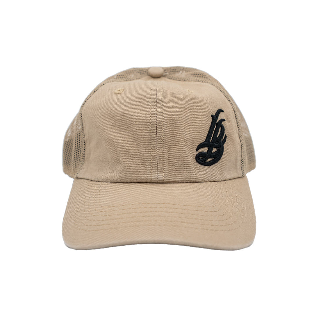 Cursive LB Sand Unstructured Trucker Dad Hat
