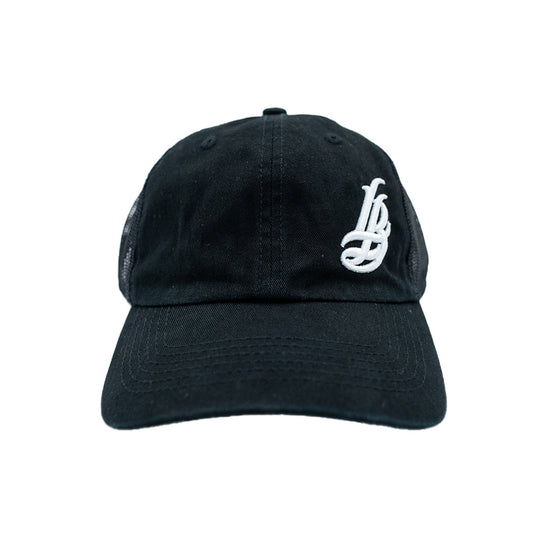 Cursive LB Black Unstructured Trucker Dad Hat