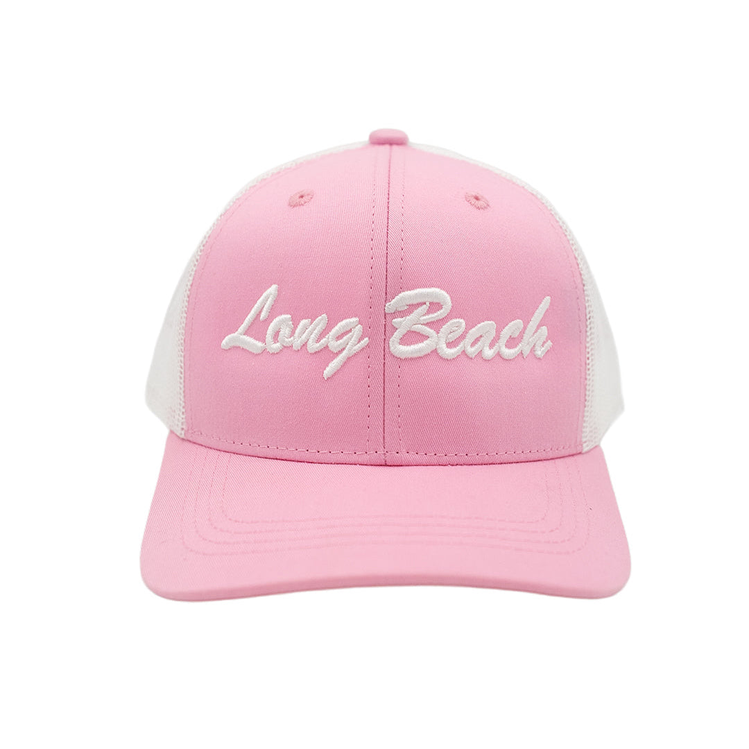 YOUTH Cursive Long Beach Pink & White Trucker Baseball Hat