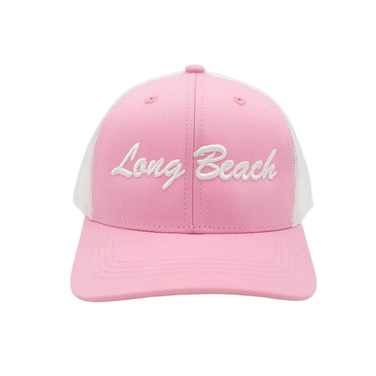 YOUTH Cursive Long Beach Pink & White Trucker Baseball Hat