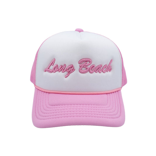Cursive Long Beach White & Pink YOUTH Foam Trucker Hat (Curved Brim)