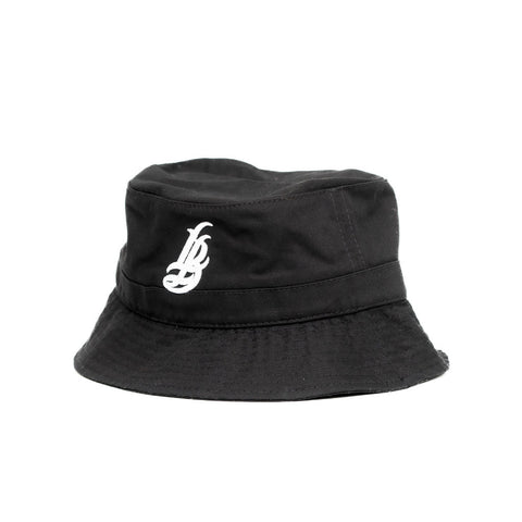 Cursive LB White On Black Bucket Hat