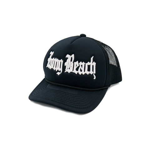 Old English White On Black Foam Front Trucker Hat (Curved Brim)